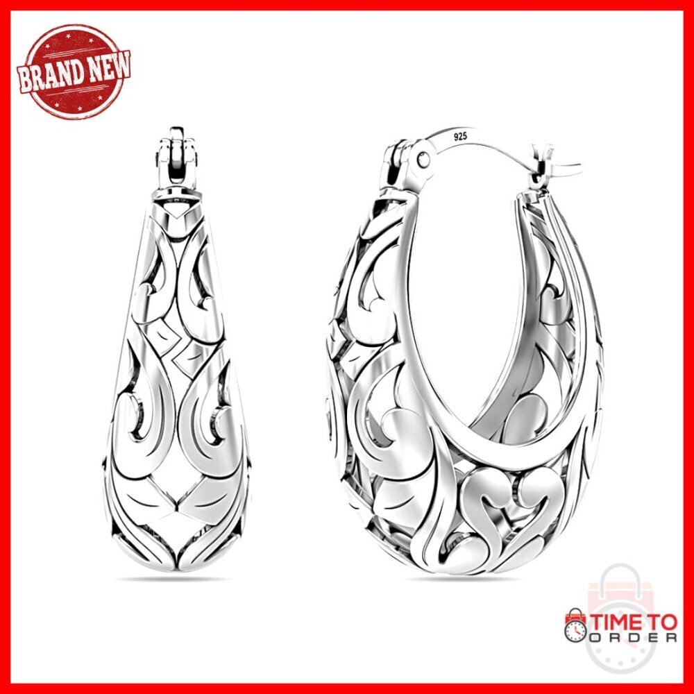Sterling Silver Hoop Earrings, Chunky Filigree Design, Lightweight
